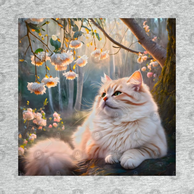 White fluffy cat rest peacefully in the floral nature by Annie